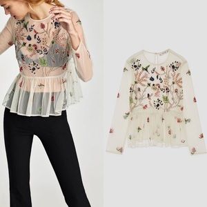 NWT Zara Sheer Tulle Embroidered Floral Top